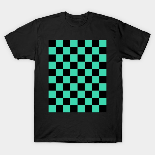 Bright Turquoise and Black Chessboard Pattern T-Shirt by californiapattern 